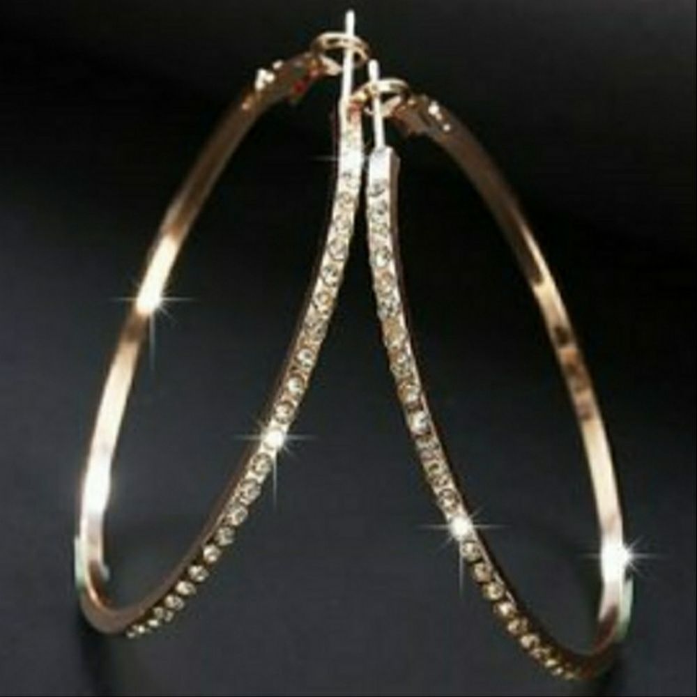 Rose Gold Tone Rhinestone-encrusted Hoop Earrings - Picture 9 of 11